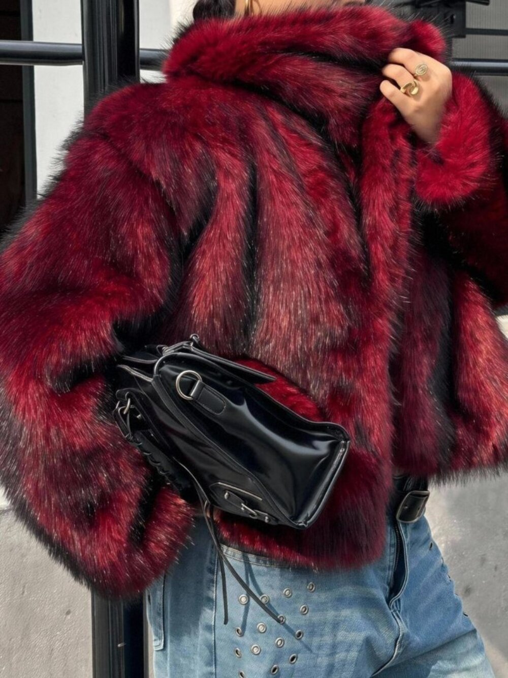 Burgundy Casual Women's Faux Fur Loose Fit Short Coat - Picture 3 of 7